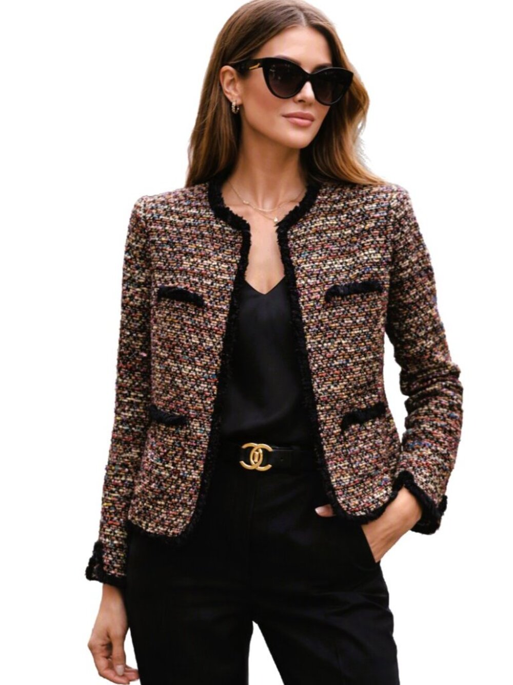 ANN TAYLOR Boucle Multicolor Sequin Fringe Trim Open Front Jacket Size 0P